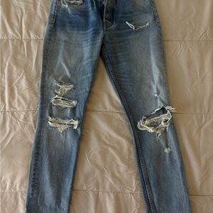 GRLFRND Distressed Straight Leg Blue Jeans
